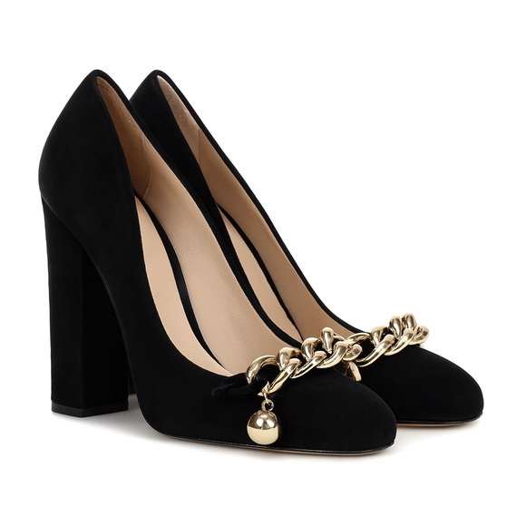 RED Valentino Shoes - RED Valentino Suede Square Toe/Hill Chain Trim Pumps